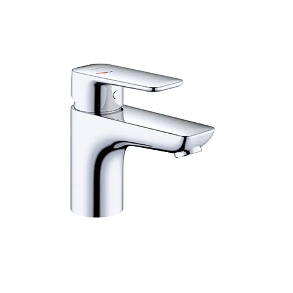 Waschtischarmatur von Kludi in chrom mit einem Quadratgriff und flacher Auslaufkante. Entspricht modernen Designstandards für Badezimmer.
